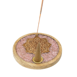 Mango houten - wierook-kegel-houder - Mandala - met rozenkwarts steentjes