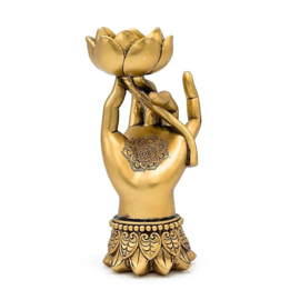 Deco Goudkleurige theelichthouder - Varada Mudra met Lotus - 16 x 8 x 5,5 cm