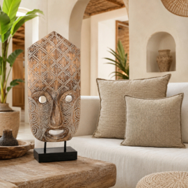 Houten masker - Ibiza Bali stijl - 58cm hoog op zwarte voet