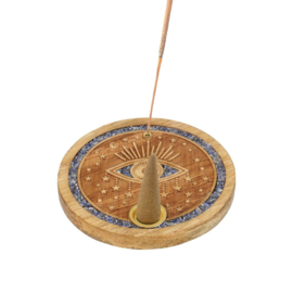 Mango houten - wierook-kegel-houder - Spiritueel oog - met sodaliet steentjes