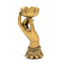 Goudkleurige theelichthouder - Varada Mudra met Lotus - 16 x 8 x 5,5 cm