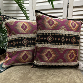 Set van twee kussenhoezen - kelim patronen - Crème, zwart, paars- 45x45cm