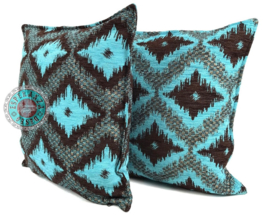 Turquoise met bruin kussen - met ruit/kelim (turquoise) patroon ± 45x45cm