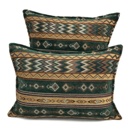 Esperanza Deseo ® kussen - Zigzag Ethnic - smaragd groen en camel ± 30x45cm