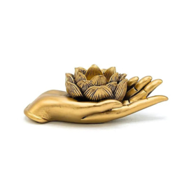 Goudkleurige theelichthouder - handen met lotusbloem -  16 x 8 x 5,5 cm
