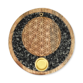 Mango houten - wierook-kegel-houder - Flower of life - toermalijn en pyriet steentjes