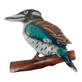 Metalen vogel in de kleuren blauw turquoise wit en bruin 40x33x1 cm