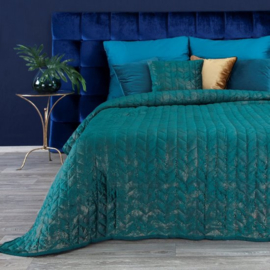 Bedsprei - petrol, teal, zeegroen fluweel met goud 220x240cm