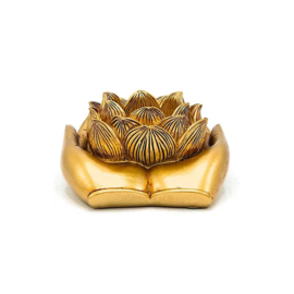 Goudkleurige theelichthouder - handen met lotusbloem -  11,5 x 9,4 x 4,8 cm
