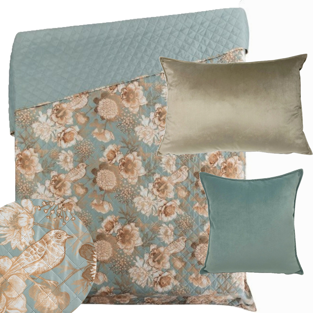Bedsprei - met bloemen en vogel print - jade groen, mint, bruin en wit 220x240cm