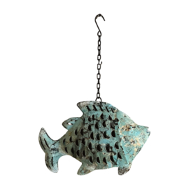 Metalen vis aan ketting - Turquoise groen / mint ± 28x8x18cm