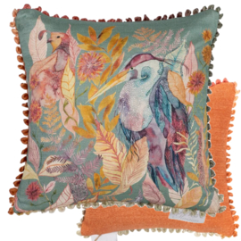 Klein kussentje katoen met gekleurde rand - aquarelprint vogels - 30x30cm (incl. vulling)