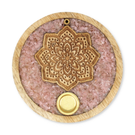 Mango houten - wierook-kegel-houder - Mandala - met rozenkwarts steentjes