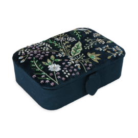 Sieraden / tarotdoos fluweel donkerblauw met bloemen