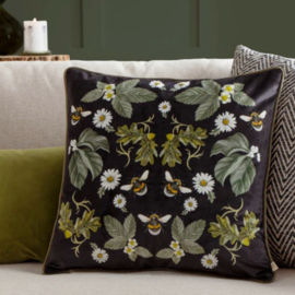 Kussenhoes velvet - print met bijtjes en bloemen - groentinten, zwart - 45x45cm