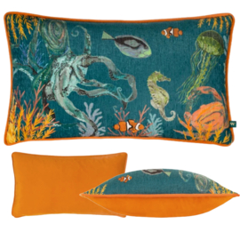 Kussenhoes met bies - visser en koraal - blauw en oranje - 30x50cm