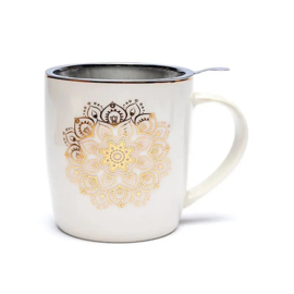 Theemok met theezeef en deksel Mandala – wit met goud – 400 ml