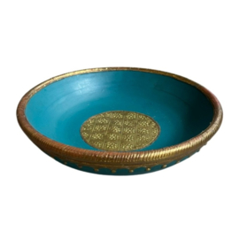 Houten decoratieve schaal - Turquoise en goud - Ø 32 cm