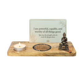 Mango houten - kaart-fotohouder - Flower of life - toermalijn en pyriet steentjes