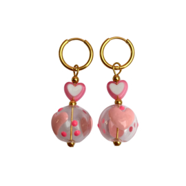 EARRINGS HEARTS | PINK GLASS BEAD | RVS SILVER/GOLD