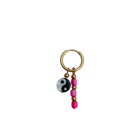 EARRING | ONE PIECE | YIN YANG/PINK BEADS | RVS SILVER/GOLD