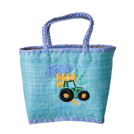 Rice Raffia tas, model shopper, in blauw met tractor, medium