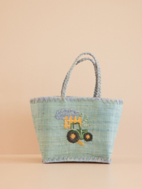 Rice Raffia tas, model shopper, in blauw met tractor, medium