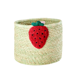 Rice ronde raffia opbergmand met aardbei print, naturel / zacht groen