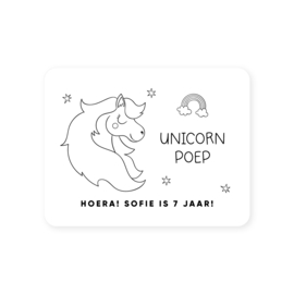 Gepersonaliseerde sticker • Unicorn poep. Hoera Naam is 0 jaar! // 70x54mm