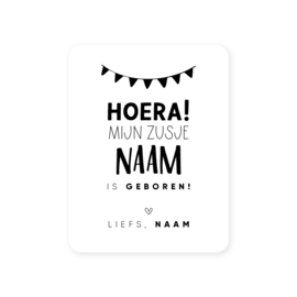 54x70mm gepersonaliseerde sticker • Hoera! Mijn zusje naam is geboren! Liefs, Naam