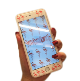 iPhone 7 Plus / 8 Plus Tempered Glass Protector Met Print - Flamingo