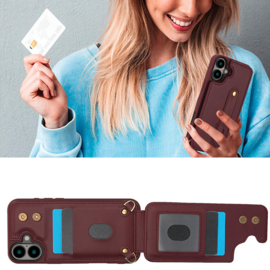 iPhone 16 Hoesje met Pasjeshouder en Draagkoord Bordeaux Rood