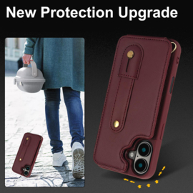 iPhone 16 Hoesje met Pasjeshouder en Draagkoord Bordeaux Rood