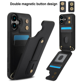 iPhone 16 Hoesje met Pasjeshouder en Draagkoord Zwart
