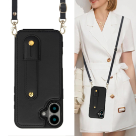 iPhone 16 Hoesje met Pasjeshouder en Draagkoord Zwart