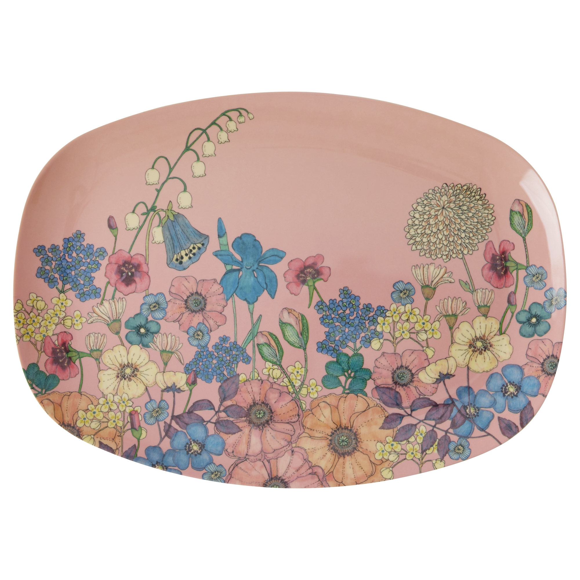 Rice-Large Rectangular Dinner Plate - Soft Pink - Flower Collage Print