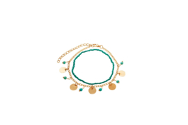 Double layered anklet - Turquoise beads & golden coins