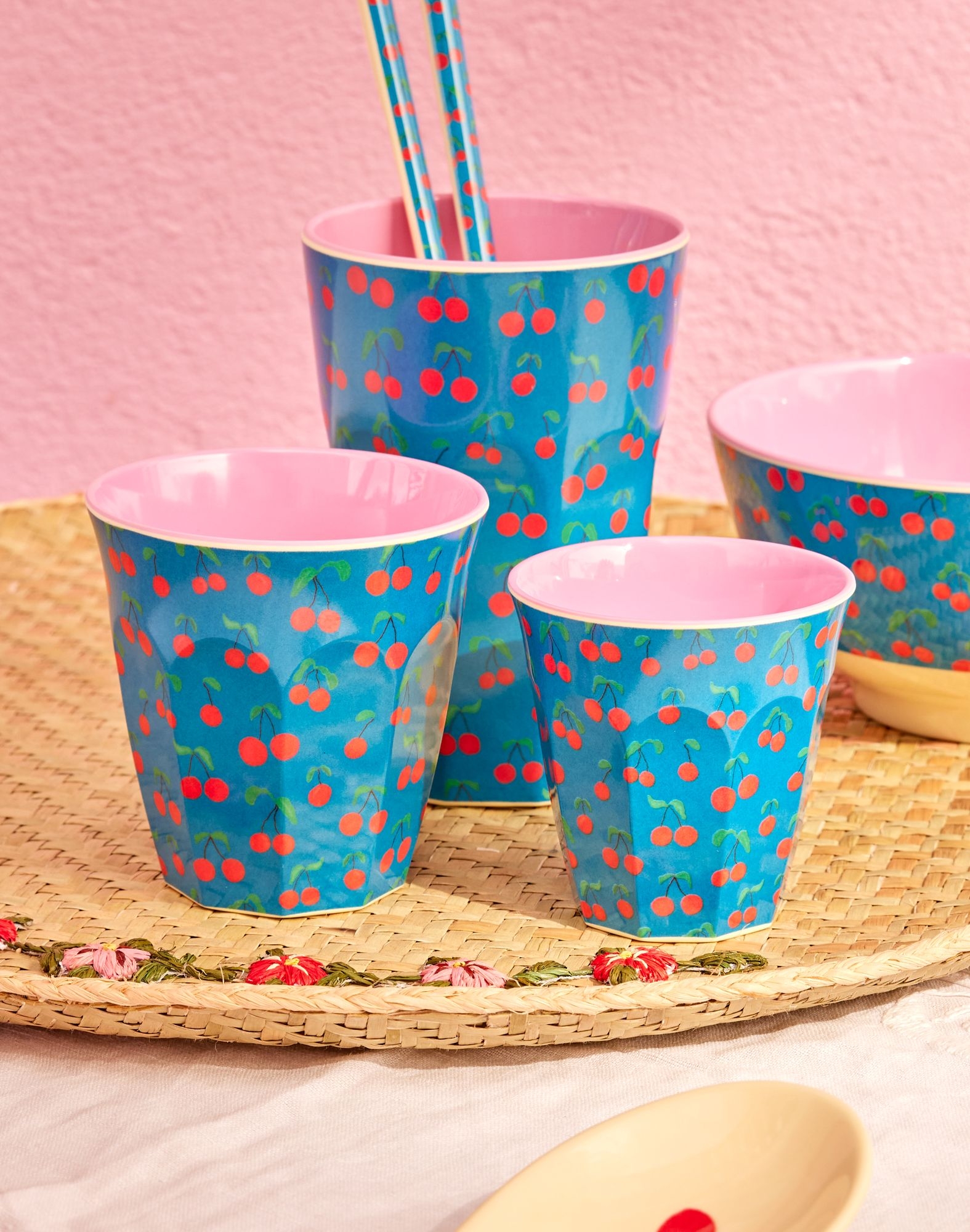 Rice- Medium Cup - Blue - Cherry Love Print