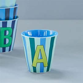 Rice- Melamine alfabet beker – Meerkleurig blauwe strepen