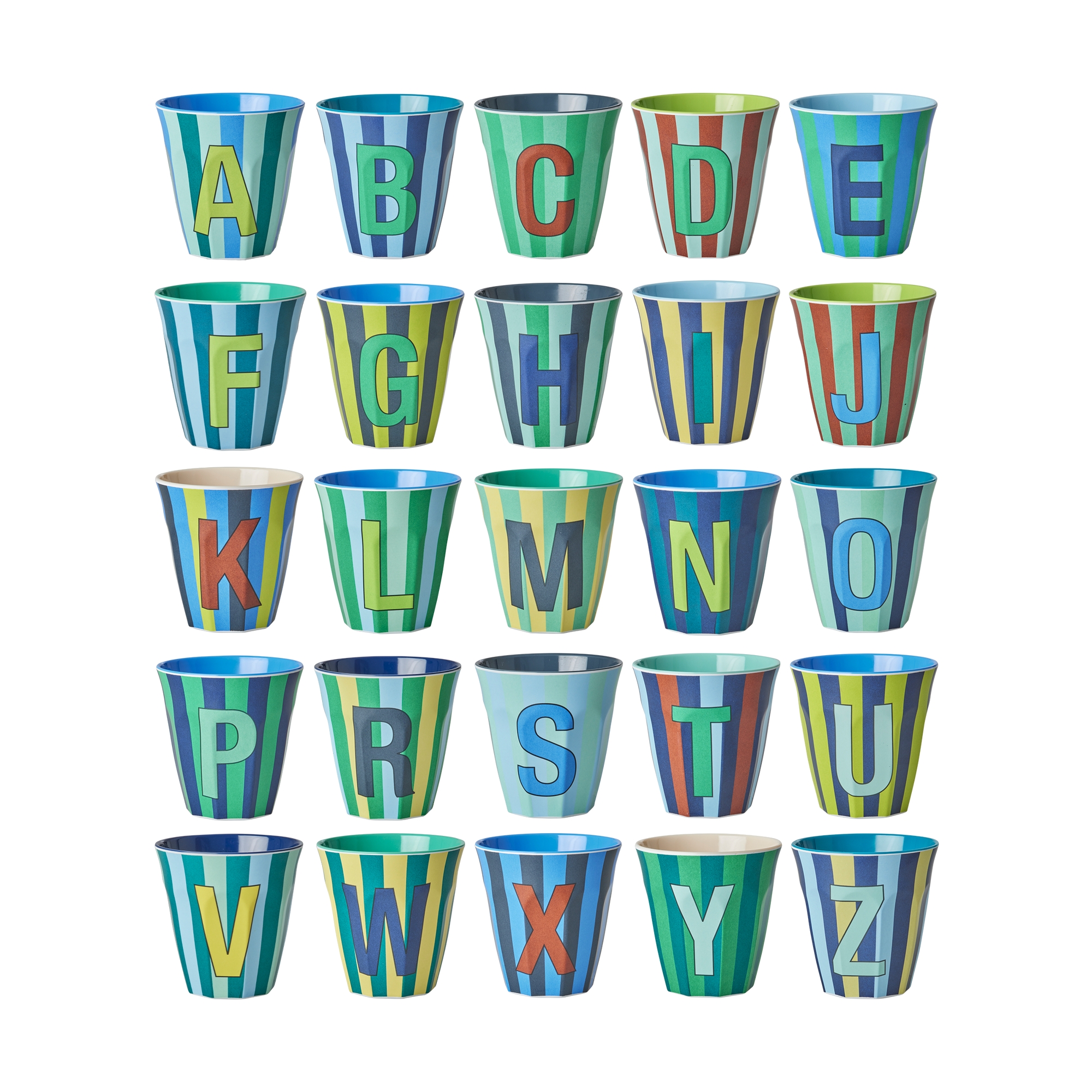 Rice- Melamine alfabet beker – Meerkleurig blauwe strepen