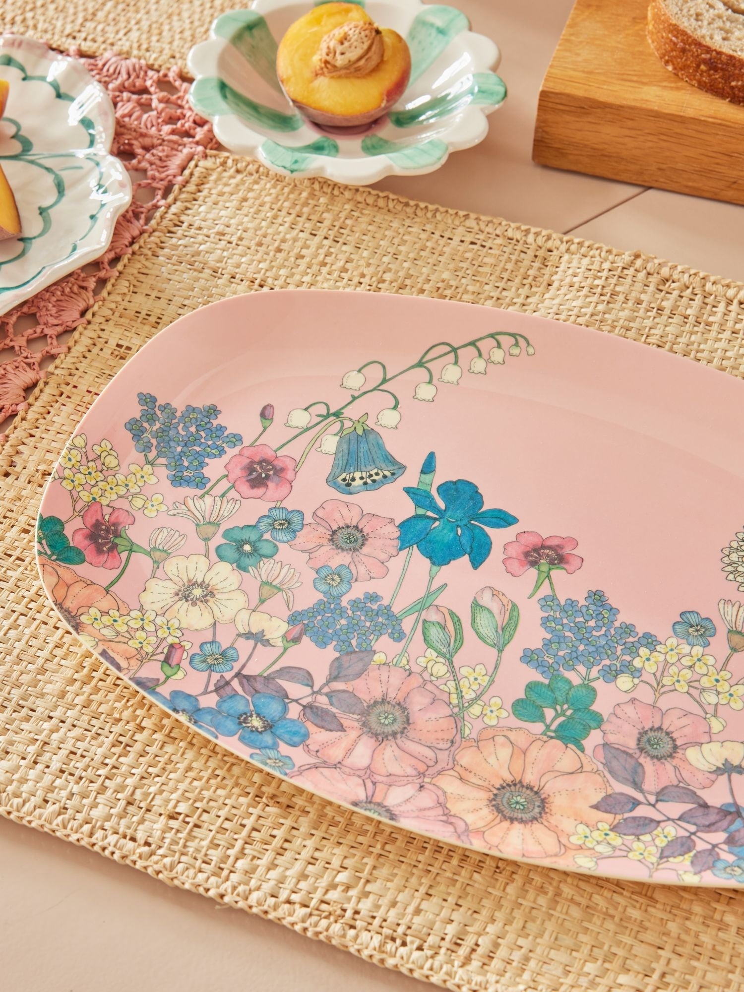 Rice-Large Rectangular Dinner Plate - Soft Pink - Flower Collage Print