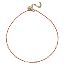 Happy Beads Necklace - Hot Coral & Pearl