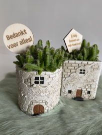 Bloempot huisje rond met plantenprikker