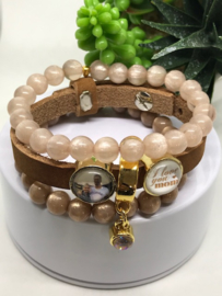 Lederen armband BEIGE met polarisparels