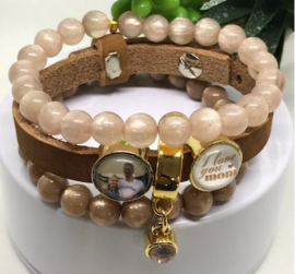 Lederen armband BEIGE met polarisparels