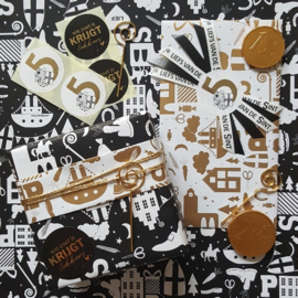 Inpakpapier - Sint - Hop Hop Hop - zwart / wit / goud - 2m