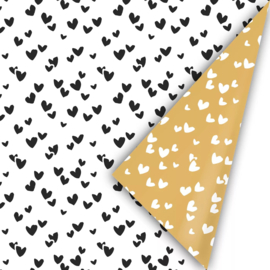 Inpakpapier - Coeurs de Fleurs - Solo Hearts - wit/zwart/goud - 2m