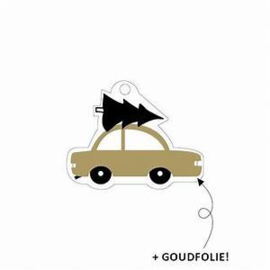 Label - Kerst - Auto met Kerstboom - goudfolie