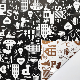 Inpakpapier - Sint - Hop Hop Hop - zwart / wit / goud - 2m