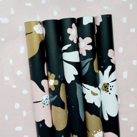 Inpakpapier - Fresh Flowers - zwart /wit / goud / roze - 2m